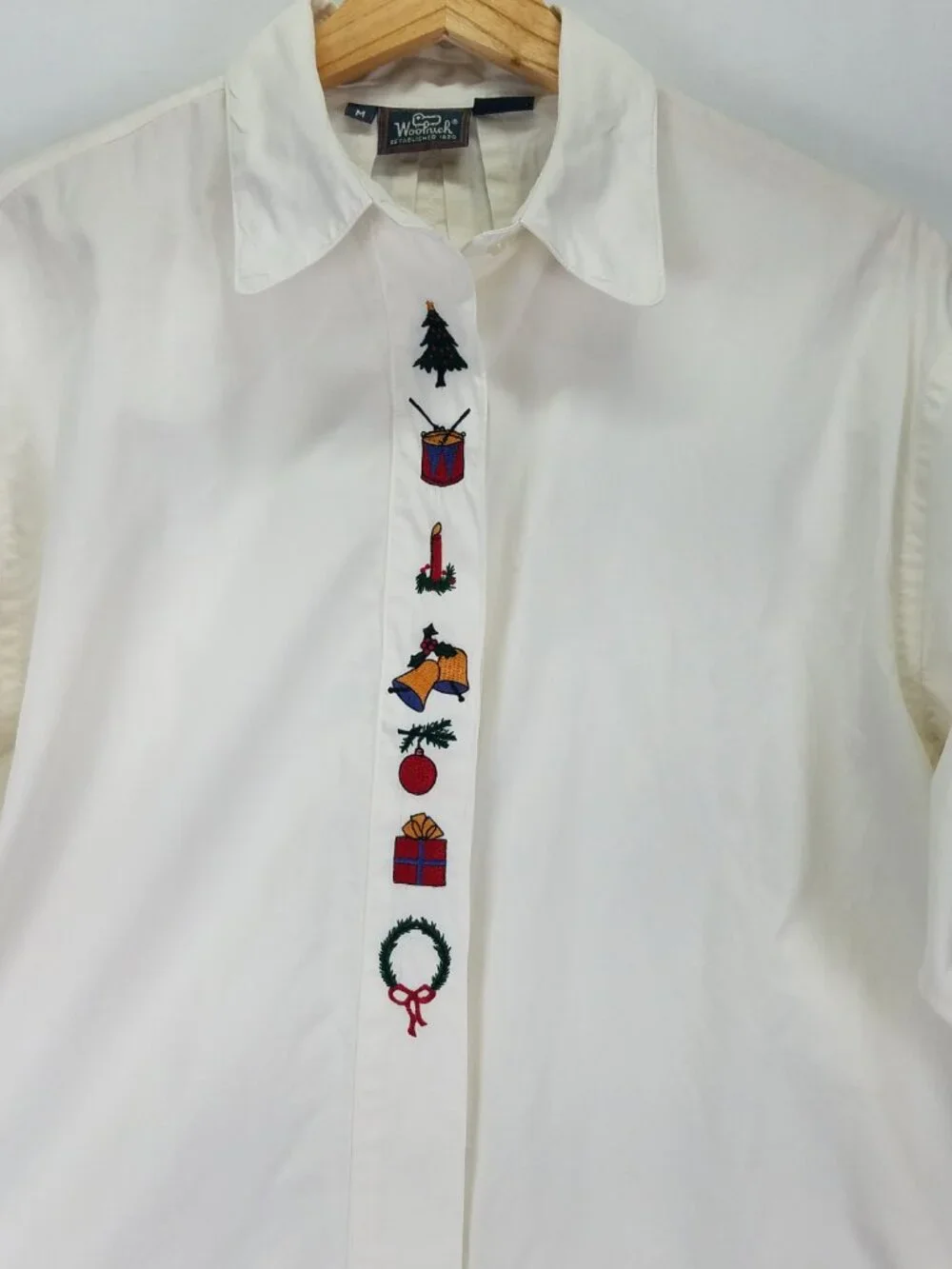Vintage Woolrich Christmas Holiday Cotton Button Up Shirt Cream Medium